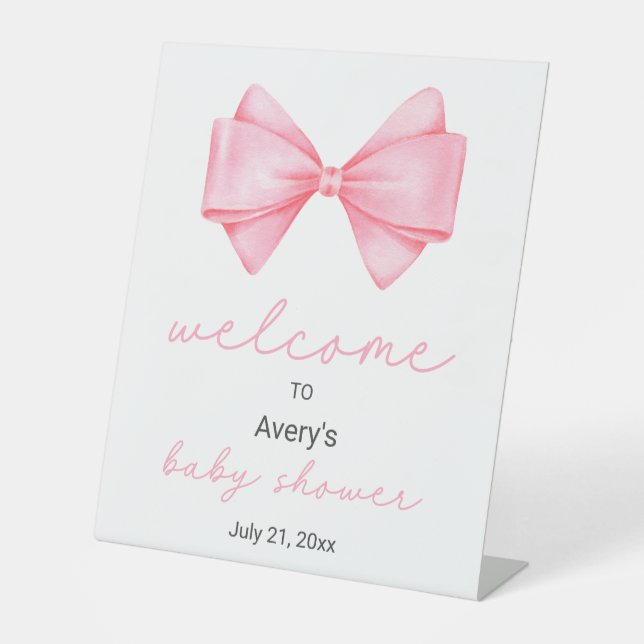 Pink Bow Baby Dusche Willkommen Sockelschild (Vorderseite)