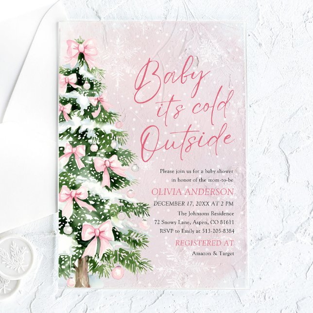 Pink Bow Baby Es ist kalte Außendusche Acryleinladungen (Pink Bow Baby It's Cold Outside Baby Shower Acrylic Invitation)