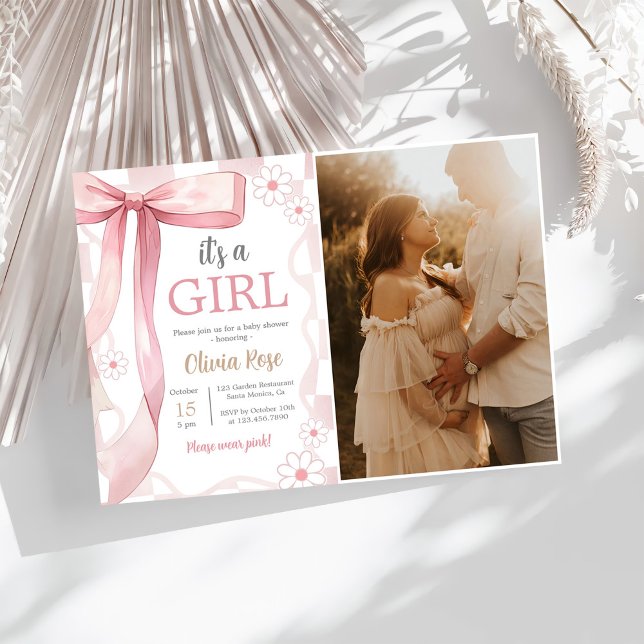 Pink Bow Baby Girl Dusche Foto Einladung (Von Creator hochgeladen)