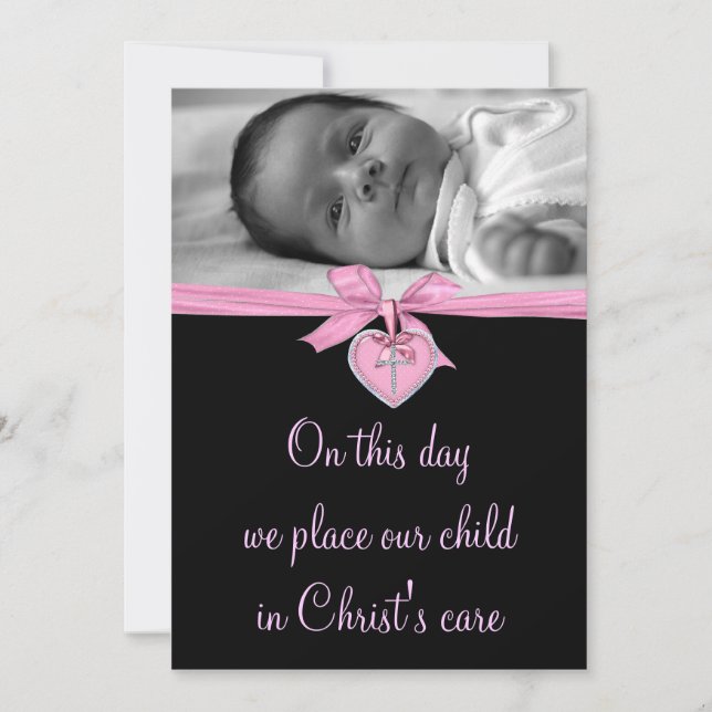 Pink Bow Baby Girl Foto Christening Einladung (Vorderseite)