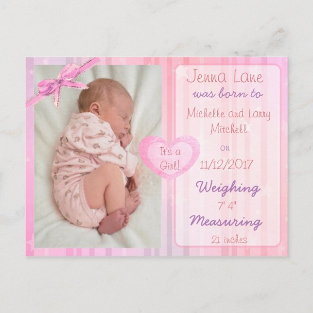 Pink Bow Baby Girl Geburtsankündigung Postkarte (Vorderseite)