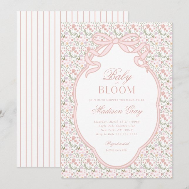 Pink Bow Baby in Bloom Baby Dusche Einladung (Vorne/Hinten)