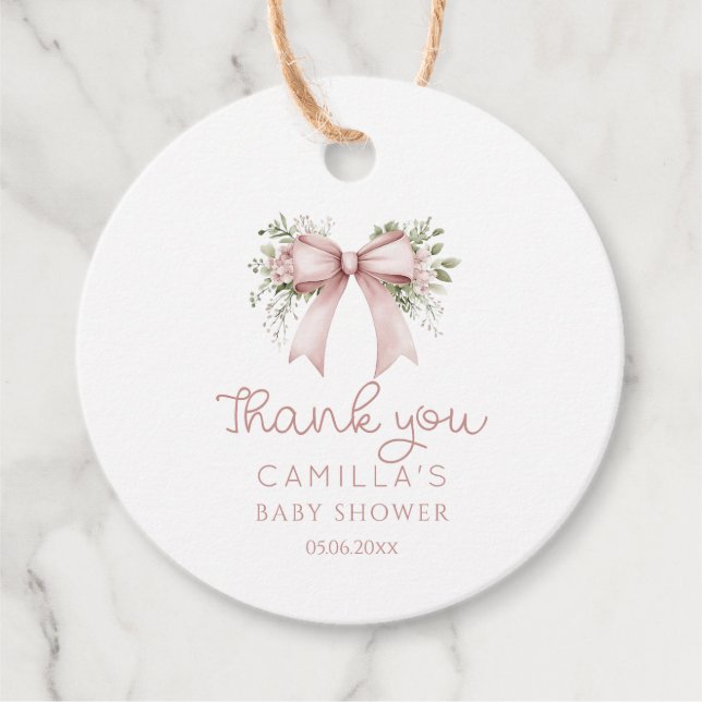 Pink Bow Baby in Bloom Baby Dusche Geschenkanhänger (Vorderseite)