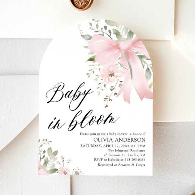 Pink Bow Baby in Bloom Floral Baby Shower Arch Einladung (Watercolor Pink Bow Baby in Bloom Floral Girl Arch Baby Shower Invitation)
