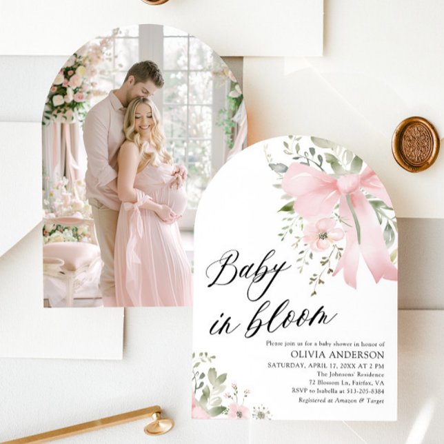 Pink Bow Baby in Bloom Floral Baby Shower Arch Einladung (Watercolor Pink Bow Baby in Bloom Floral Girl Arch Baby Shower Invitation)