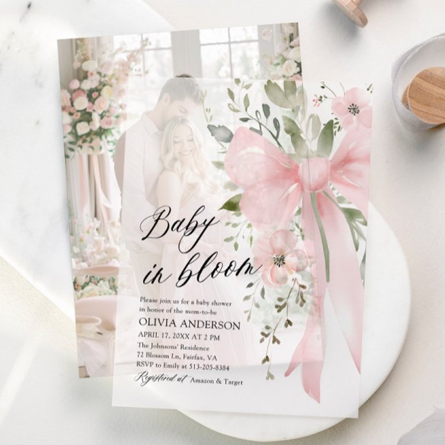 Pink Bow Baby in Bloom Floral Girl Babydusche (Pink Bow Baby in Bloom Floral Girl Baby Shower Vellum Invitations)