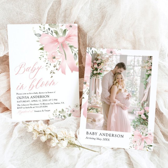 Pink Bow Baby in Bloom Floral Girl Babydusche Einladung (Watercolor Pink Bow Baby in Bloom Floral Girl Baby Shower Invitation)