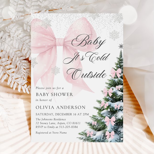 Pink Bow Baby It's Cold Outside Baby Shower Einladung (Von Creator hochgeladen)