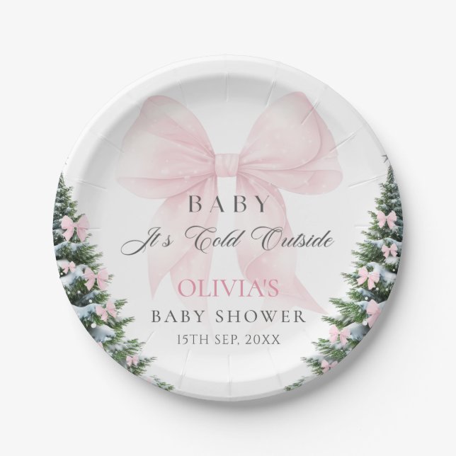 Pink Bow Baby It's Cold Outside Bow Baby Shower Pappteller (Vorderseite)