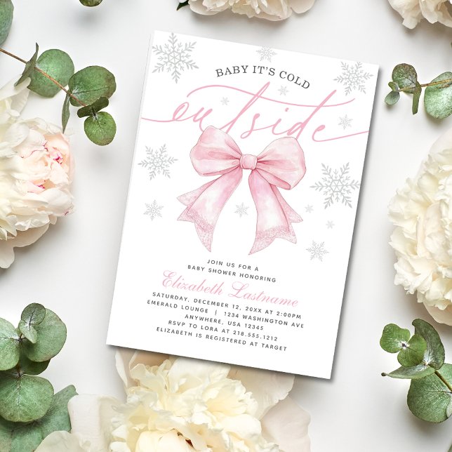 Pink Bow Baby It's Cold Outside Winter Baby Dusche Einladung (Celebrate your bundle of joy using our Pink Bow “Baby It’s Cold Outside Baby Shower Invitation". )