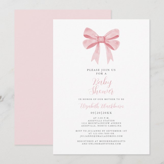Pink Bow Baby Shower Coquette Girly Elegante Paste Einladung (Vorne/Hinten)