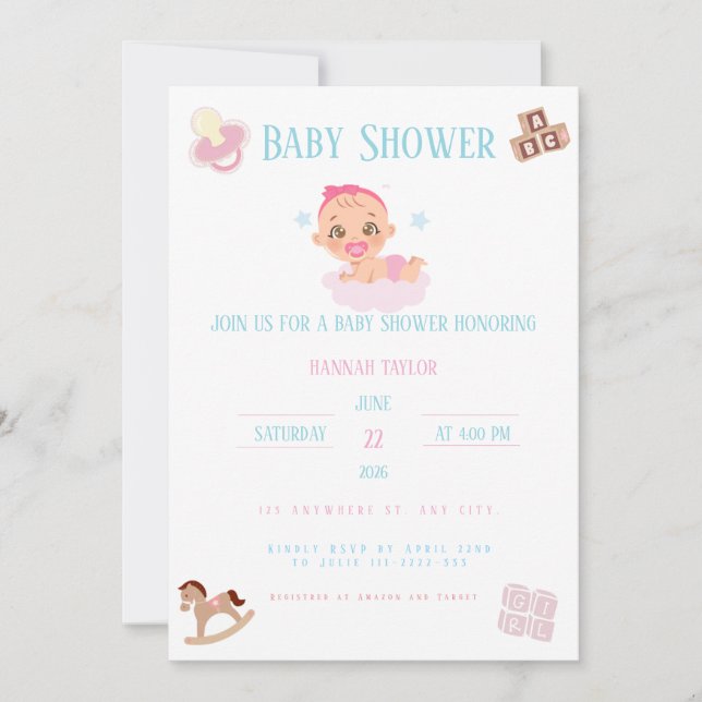 Pink Bow Baby Shower Einladung Customizable (Vorderseite)