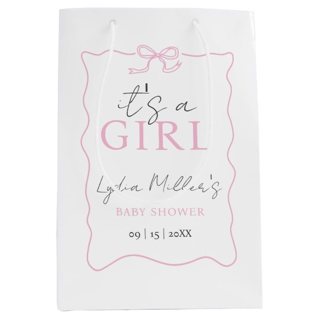 Pink Bow Baby Shower Einladung, Girl Baby Dusche Mittlere Geschenktüte (Vorderseite)