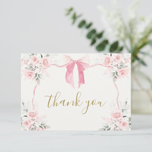 Pink Bow Baby Shower Girl Danke Karte (Stehend Vorderseite)