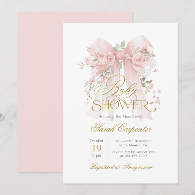 Pink Bow Baby Shower Girl Einladung (Vorne/Hinten)