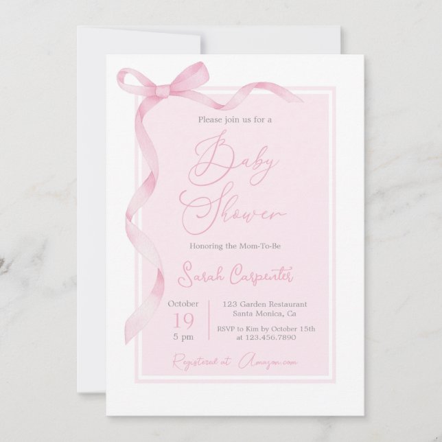 Pink Bow Baby Shower Girl Einladung (Vorderseite)
