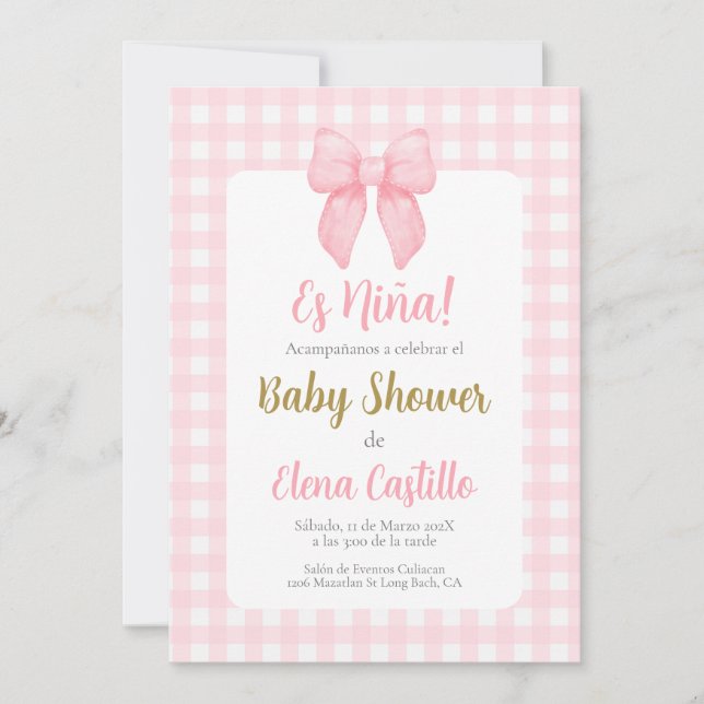 Pink Bow Baby Shower Girl in spanischer Einladung (Vorderseite)