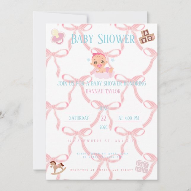 Pink Bow Baby Shower Invitation Customizable (Devant)