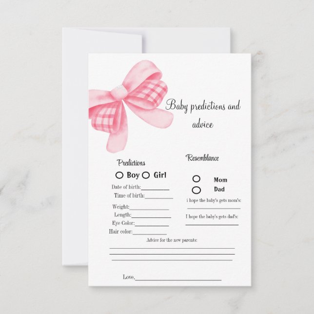 Pink Bow Baby Vorhersage Baby Shower Game Card Einladung (Vorderseite)