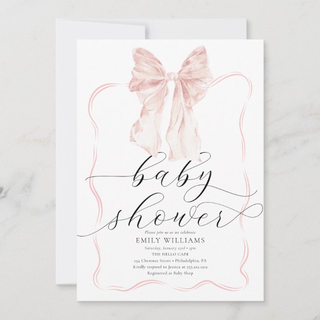 Pink Bow Babydusche Minimalistische Aquarellfarben Einladung (Vorderseite)