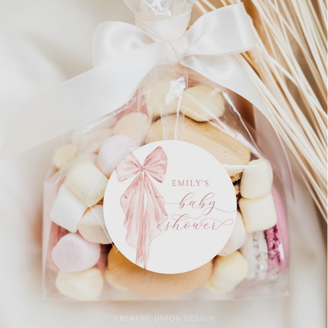 Pink Bow Babydusche Minimalistische Aquarellfarben Runder Aufkleber (Girl Baby Shower, Minimalist Baby Shower, Bow Baby Shower, Pink Bow, Elegant, Preppy)