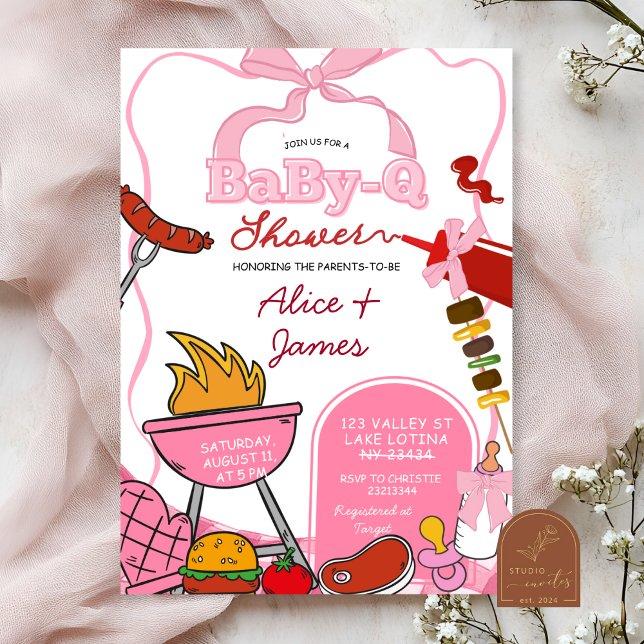 Pink Bow Backyard BabyQ Baby Shower Einladung (Von Creator hochgeladen)