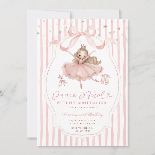 Pink Bow Ballerina Dance and Twirl Birthday Stripe Einladung (Vorderseite)
