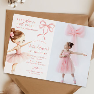 Pink Bow Ballet Dancer Girl Birthday Party Photo Einladung