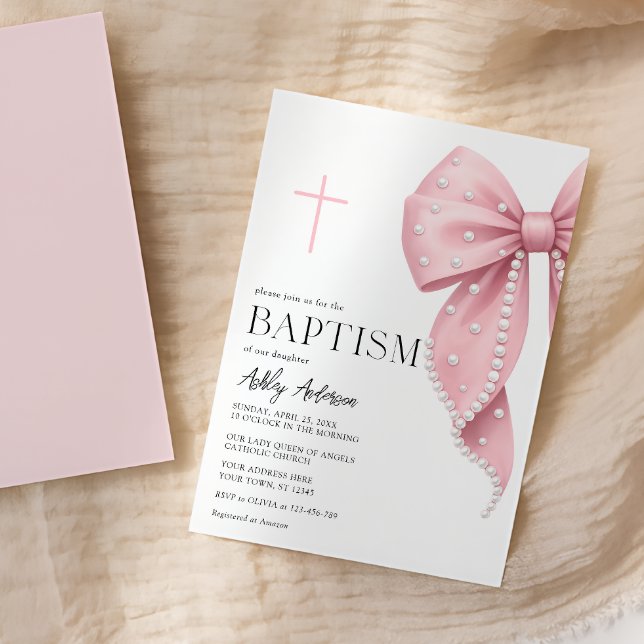 Pink Bow Baptism Girl Invitation Einladung (Von Creator hochgeladen)