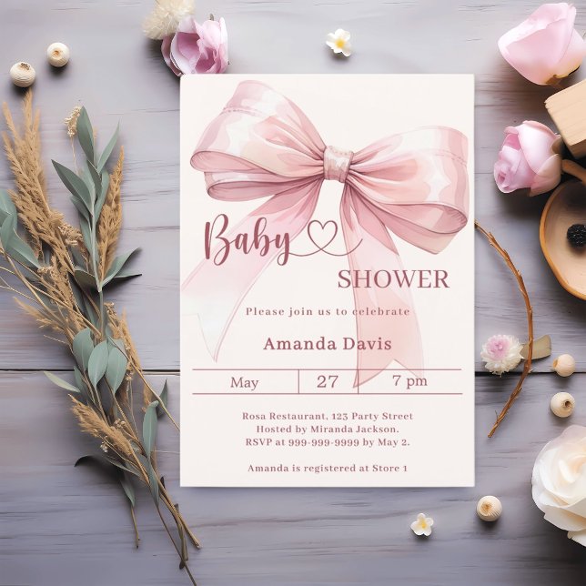 Pink bow beige cream girl elegant Baby Shower Einladung (Von Creator hochgeladen)