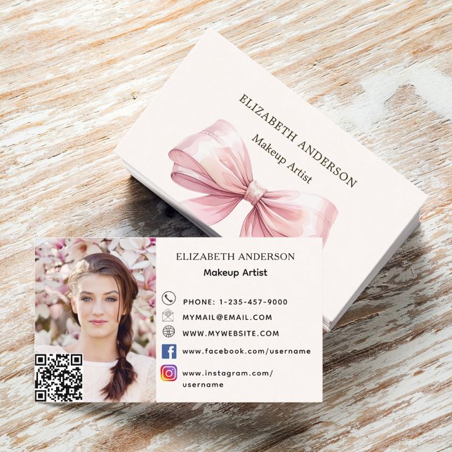 Pink bow beige creme qr Code Social Media Foto Visitenkarte (Von Creator hochgeladen)