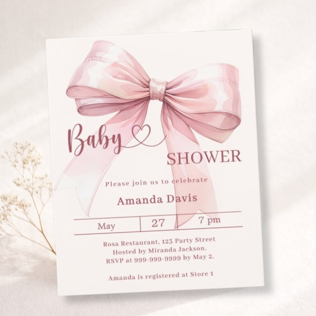 Pink bow beige girl Baby Shower invitation (Von Creator hochgeladen)