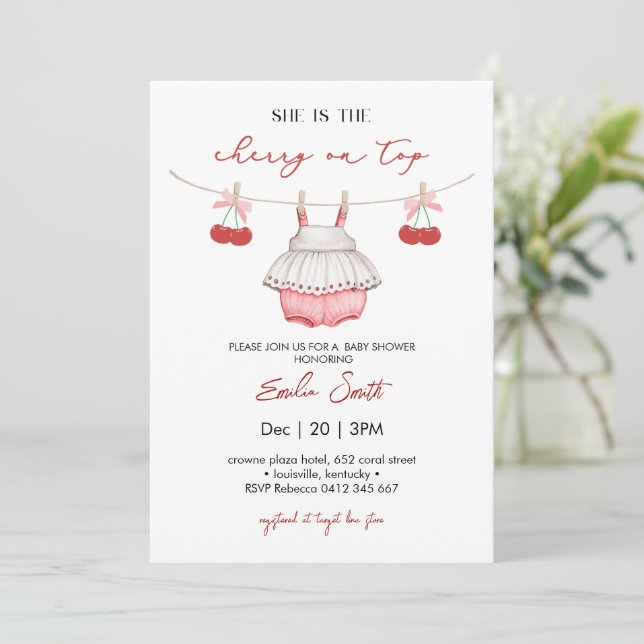 Pink Bow & Berries, Cherry on Top Baby Dusche Einladung (Stehend Vorderseite)