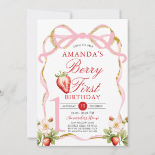 Pink Bow Berry First Strawberry Sweet Birthday Einladung