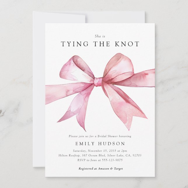 Pink Bow bindet die Knot Bridal Dusche ein und läd Einladung (Vorderseite)