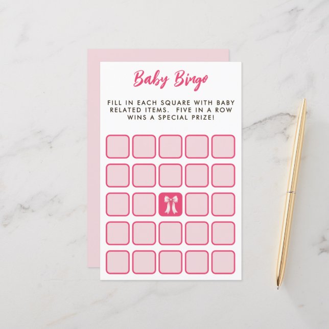 Pink Bow Bingo Baby Shower Game (Vorderseite/Rückseite Beispiel)