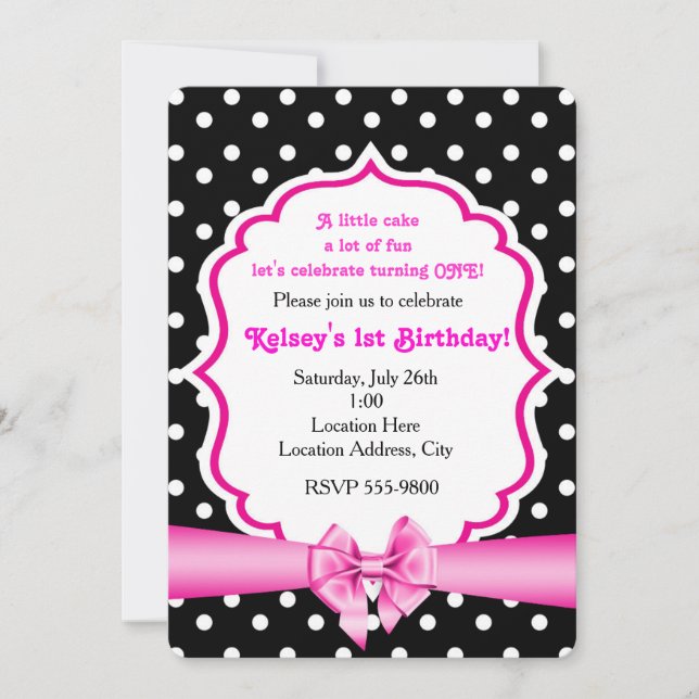Pink Bow Black White Polka Dot Party Invitation (Devant)