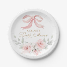 Pink Bow Bloral Blush Grüne Babydusche Pappteller