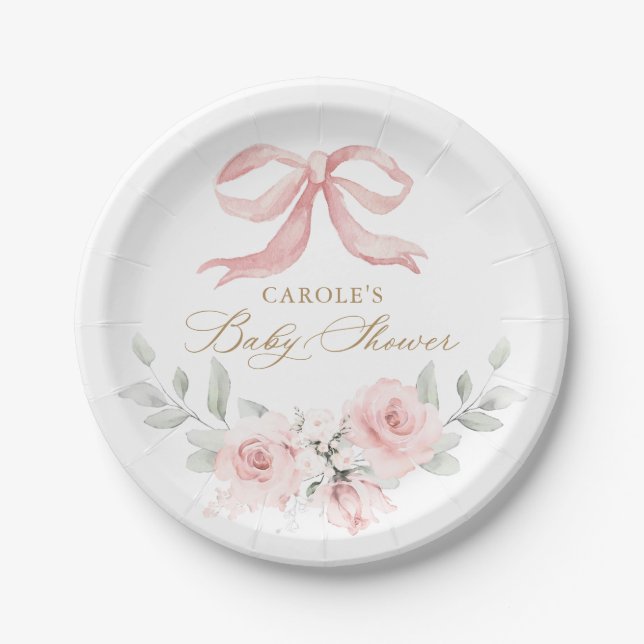 Pink Bow Bloral Blush Grüne Babydusche Pappteller (Vorderseite)