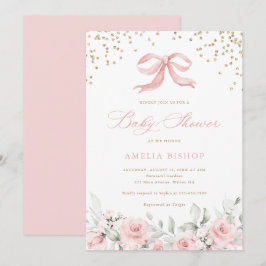 Pink Bow Blues Blush Greenery Gold Baby Dusche Einladung