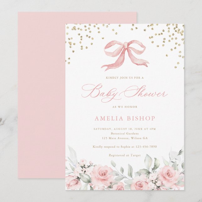 Pink Bow Blues Blush Greenery Gold Baby Dusche Einladung (Vorne/Hinten)
