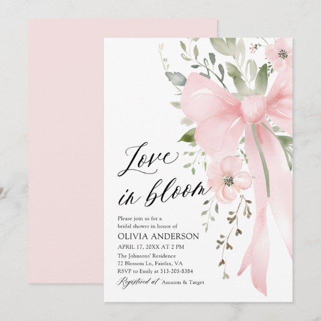 Pink Bow Blütenblümliche Liebe im Brautparty Bloom Einladung (Vorne/Hinten)