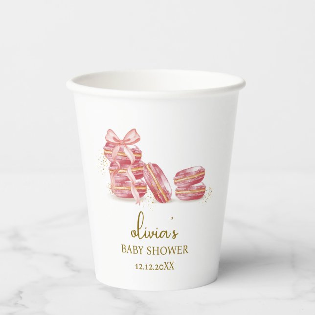 Pink Bow Bonjour Bébé Französisch Macarons Babydus Pappbecher (Vorderseite)