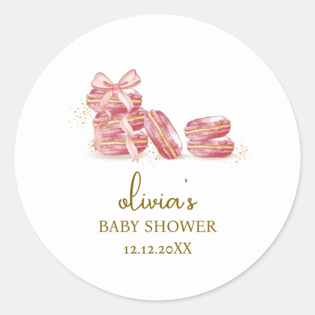 Pink Bow Bonjour Bébé Französisch Macarons Babydus Runder Aufkleber (Vorderseite)