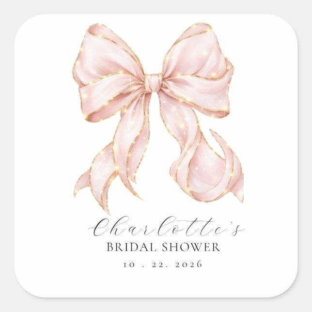 Pink Bow Bridal Shower Quadratischer Aufkleber (Vorderseite)