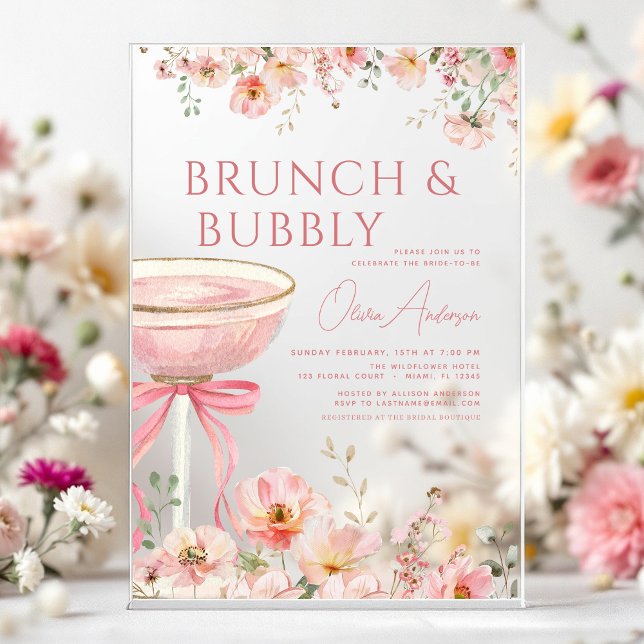 Pink Bow Brunch und Bubbly Champagne Brautparty Acryleinladungen (Von Creator hochgeladen)