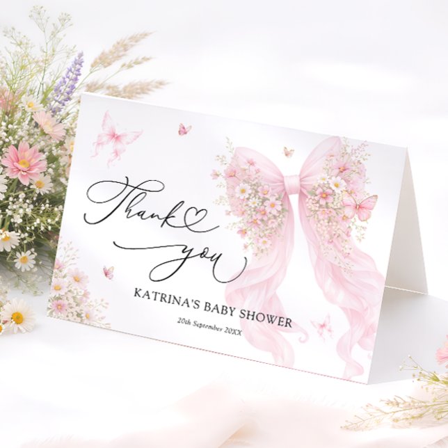 Pink Bow Butterfly Baby Shower Thank You Card Dankeskarte (Von Creator hochgeladen)