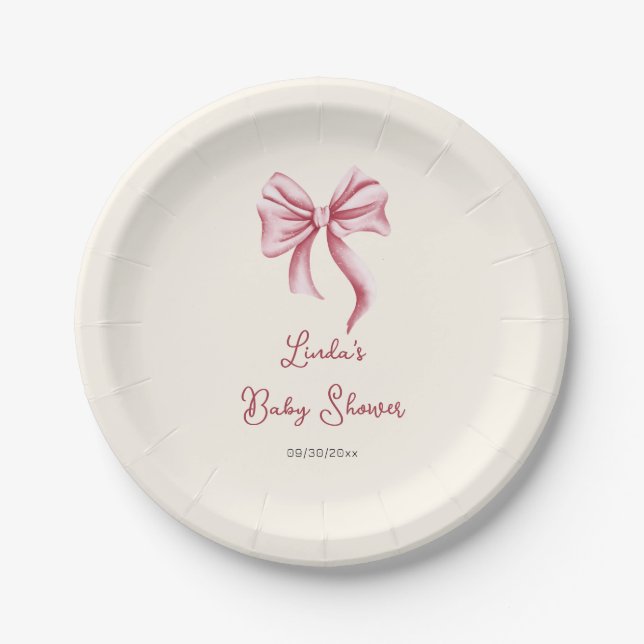 Pink Bow Calligraphy Girl Baby Shower Pappteller (Vorderseite)