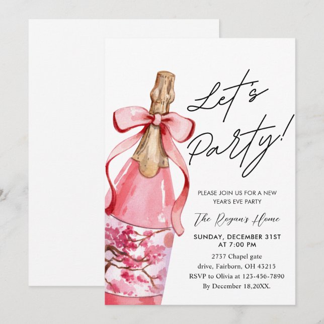 Pink Bow Champagne Bottle New Year's Eve Party Einladung (Vorne/Hinten)