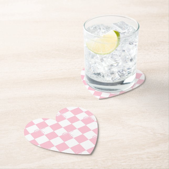 Pink Bow Checkered Girly Heart Shaped Untersetzer (Vor Ort)